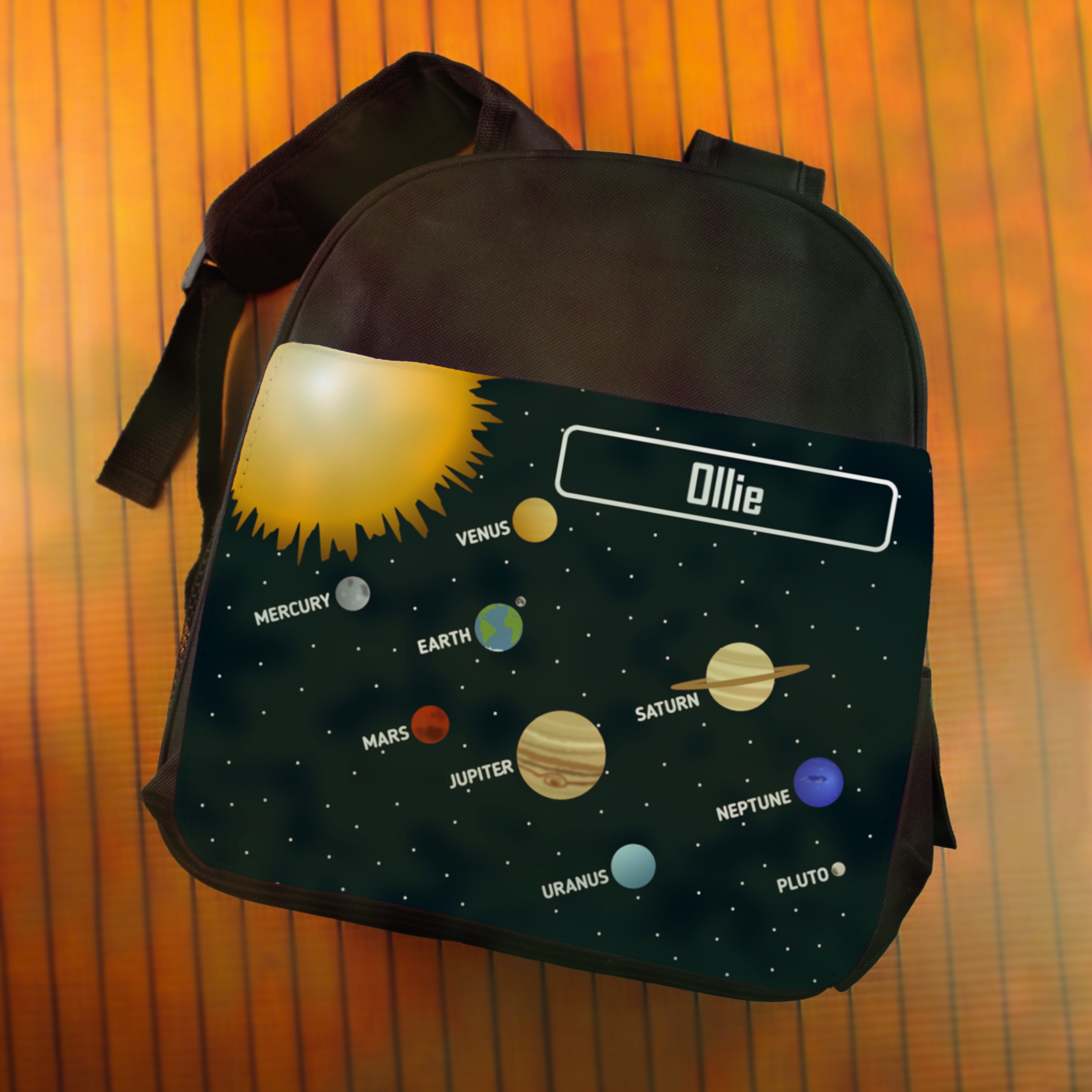 Printed Kids Black Backpack with Solar System Design, Customise with Any Name Image 4