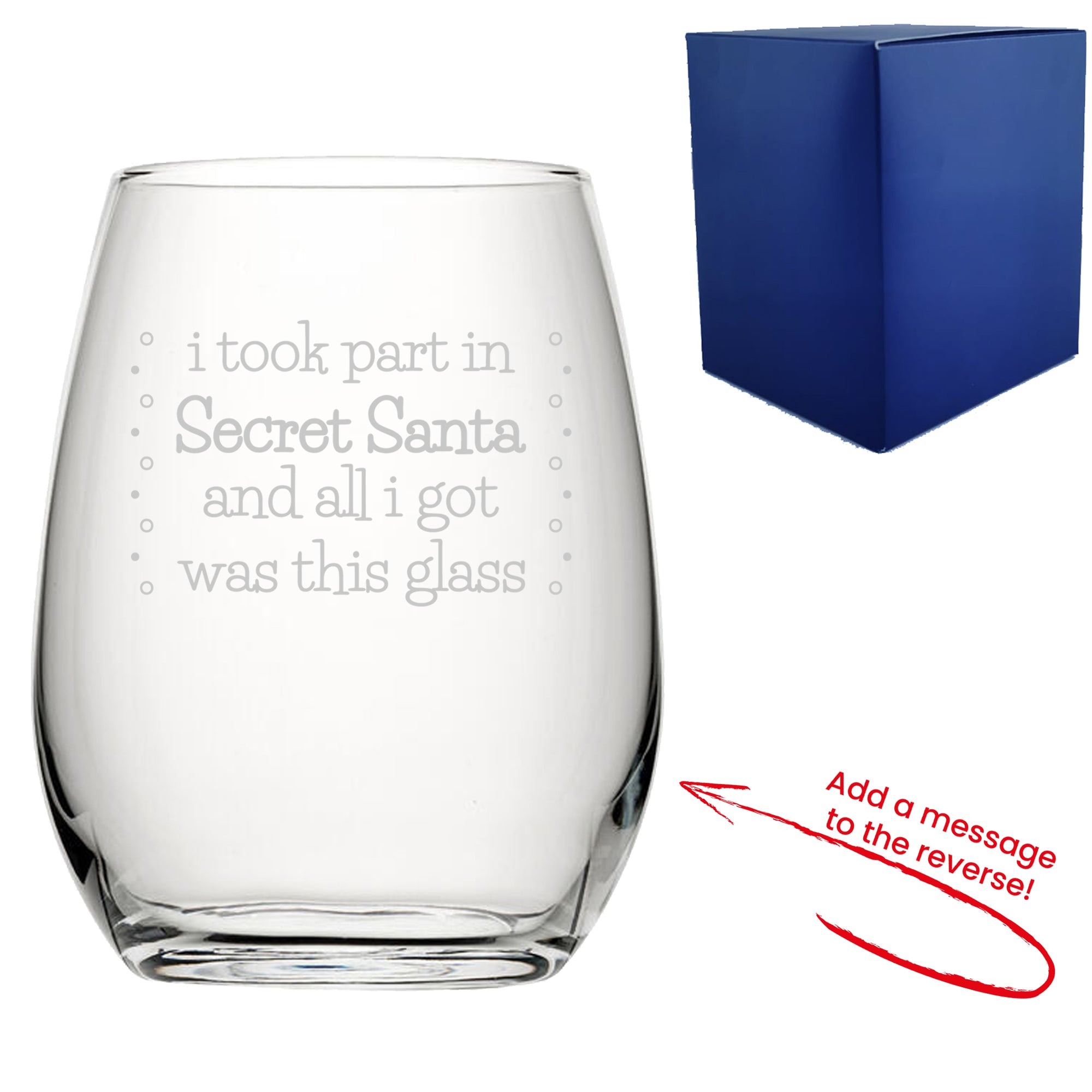 Engraved Stemless Wine Glass with Secret Santa Serif Design, Add Message to Reverse Image 1