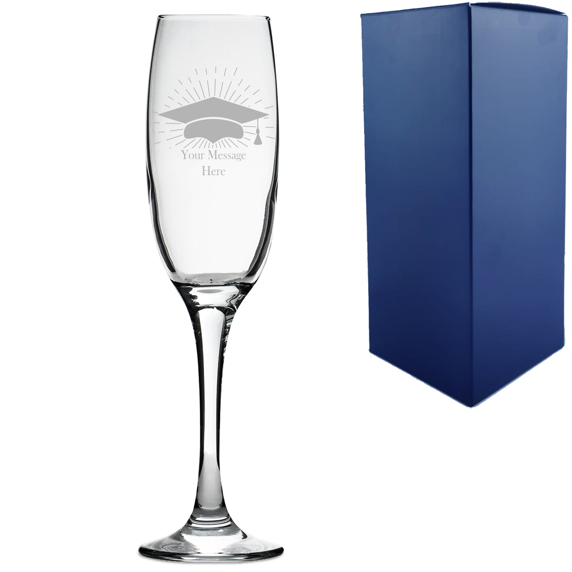 Personalised Engraved Graduation Champagne Flute with Grad Cap Burst Design, Personalise with Any Name or Message Image 1