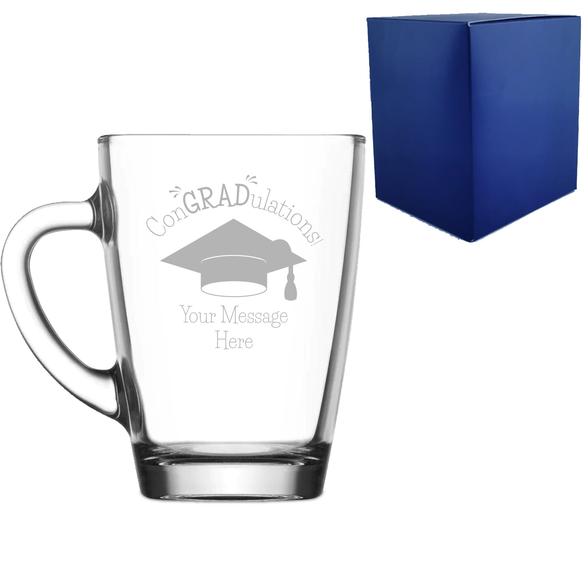 Personalised Engraved Graduation Glass Coffee Cup with 'ConGRADulations' Design, Personalise with Any Name or Message Image 1