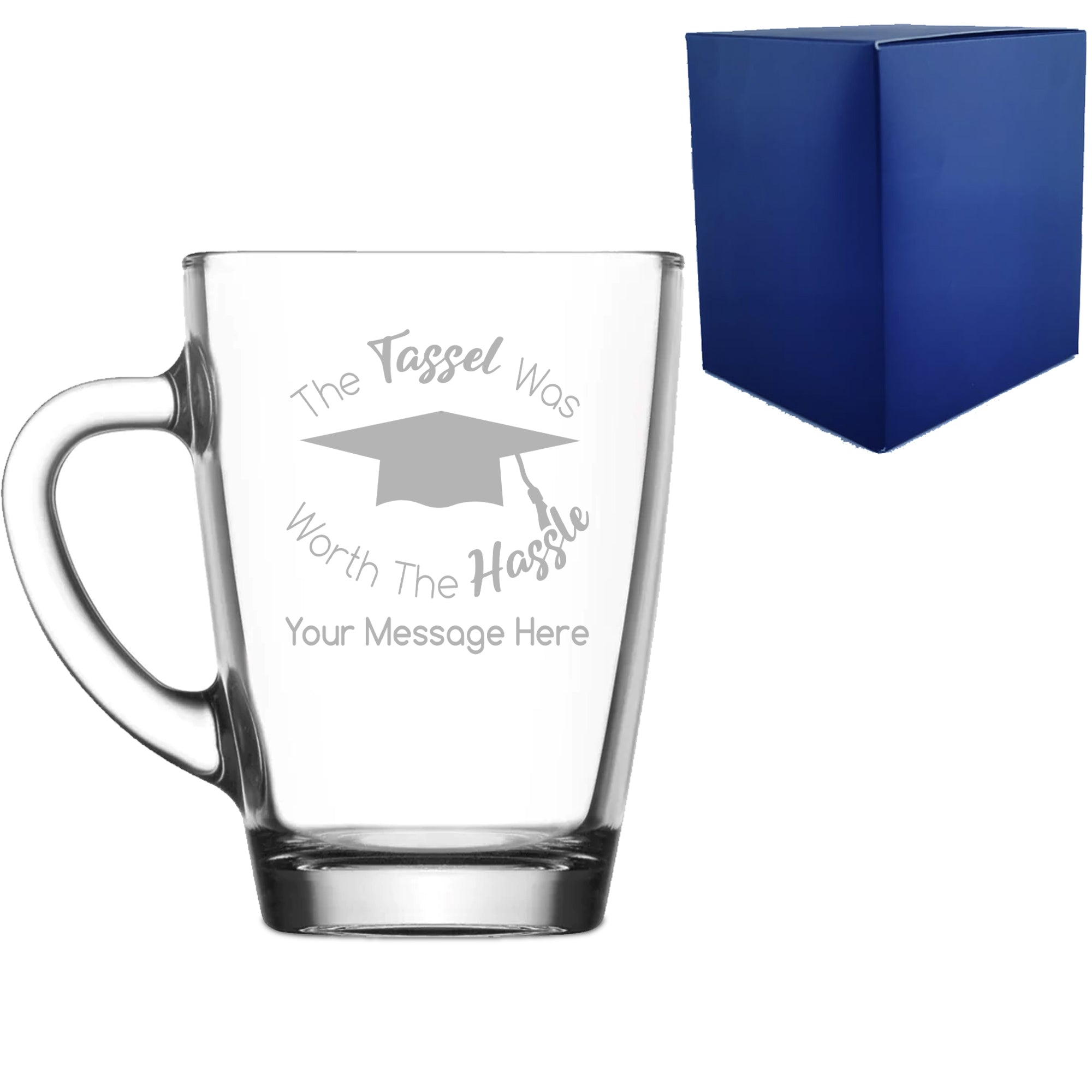 Personalised Engraved Graduation Glass Coffee Cup with 'The Tassel was worth the Hassle' Design, Personalise with Any Name or Message Image 1