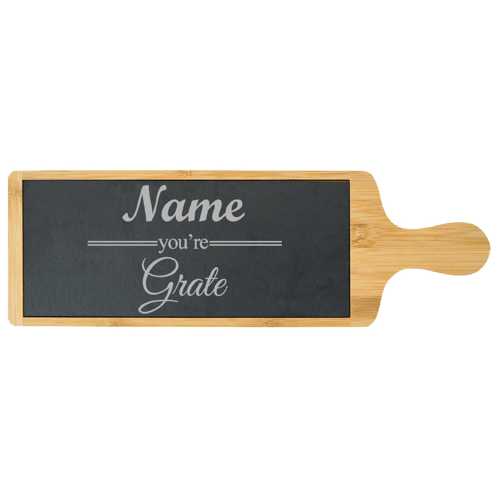 Engraved Bamboo and Slate Cheeseboard with Name you're Grate Design Image 1