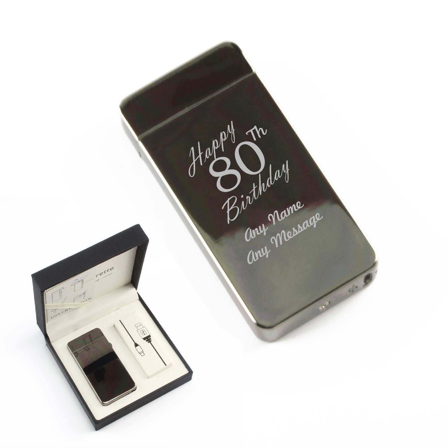 Engraved Electric Arc Lighter, Black, Happy 80th Birthday, Gift Boxed Image 1