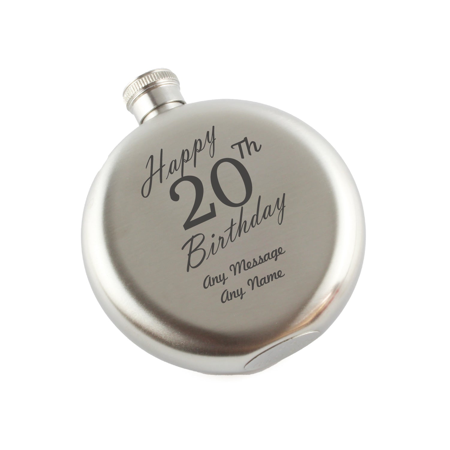 Engraved 5oz Round Steel Hip Flask Happy 20th Birthday Image 1