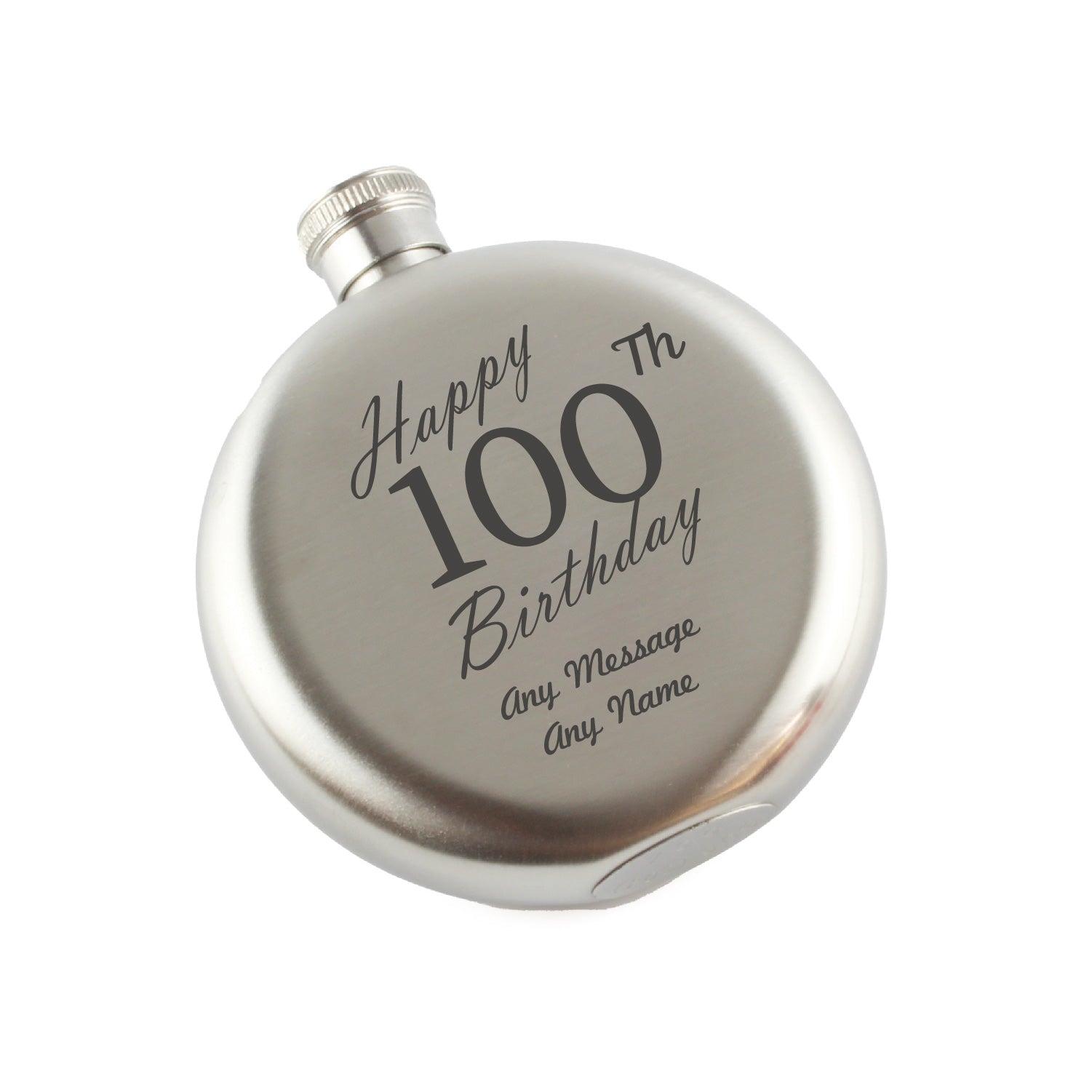 Engraved 5oz Round Steel Hip Flask Happy 100th Birthday Image 1