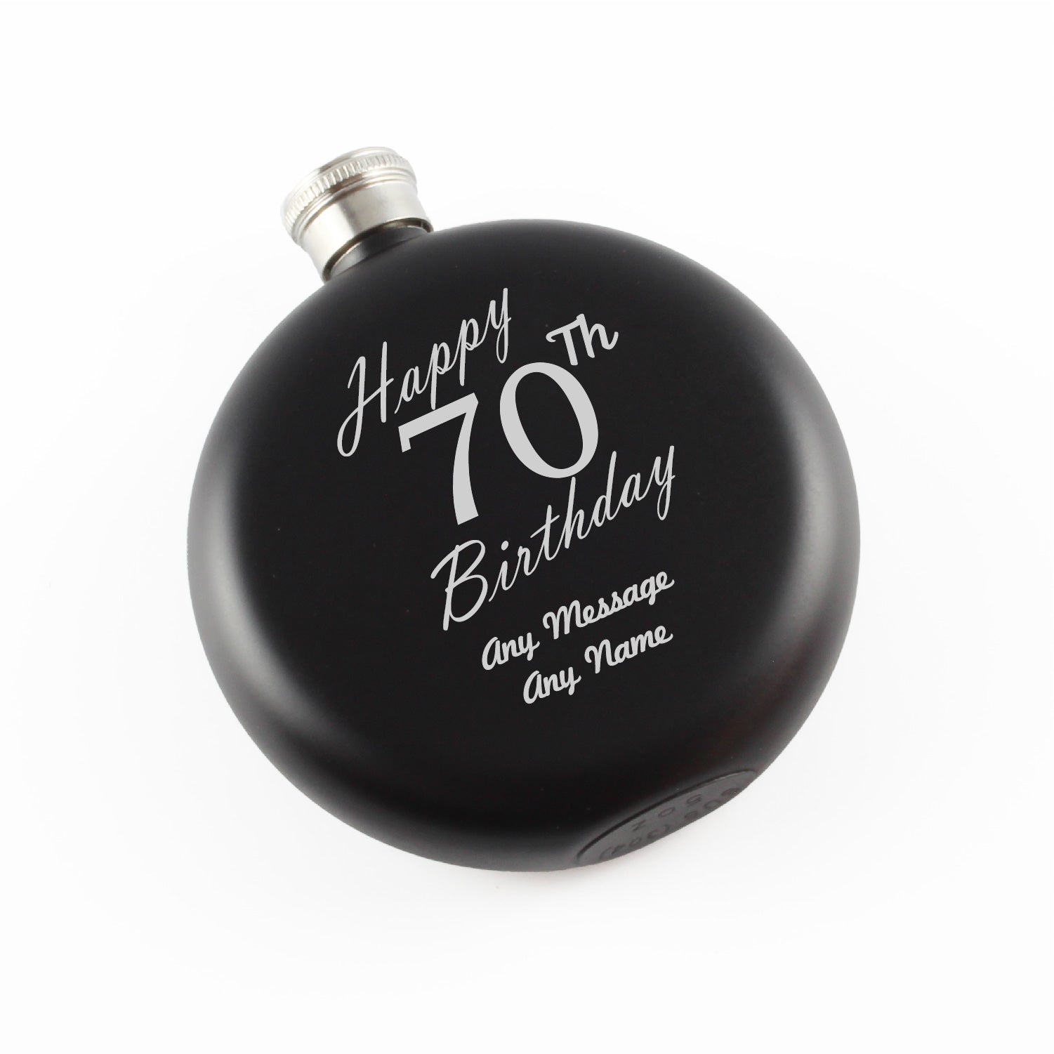 Engraved 5oz Round Black Hip Flask Happy 70th Birthday Image 1