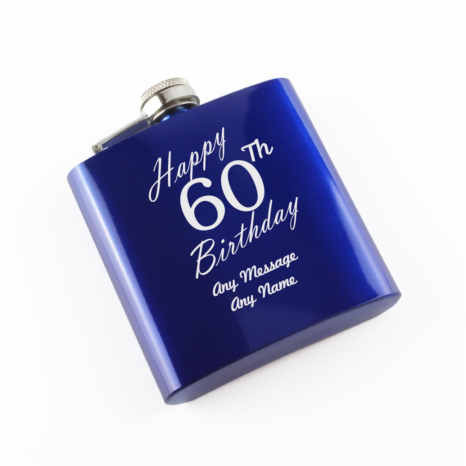 Engraved 6oz Blue Steel Hip Flask Happy 60th Birthday Image 1
