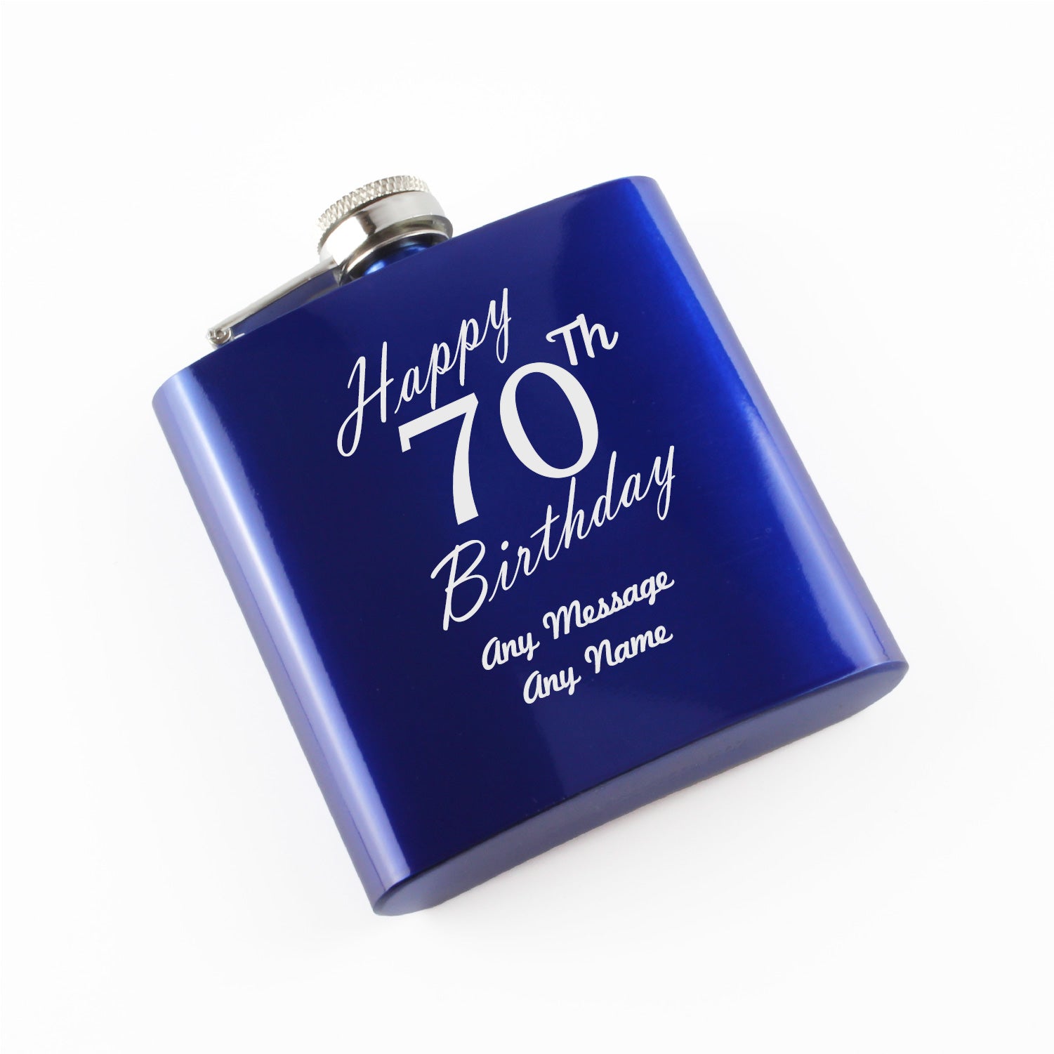 Engraved 6oz Blue Steel Hip Flask Happy 70th Birthday Image 1
