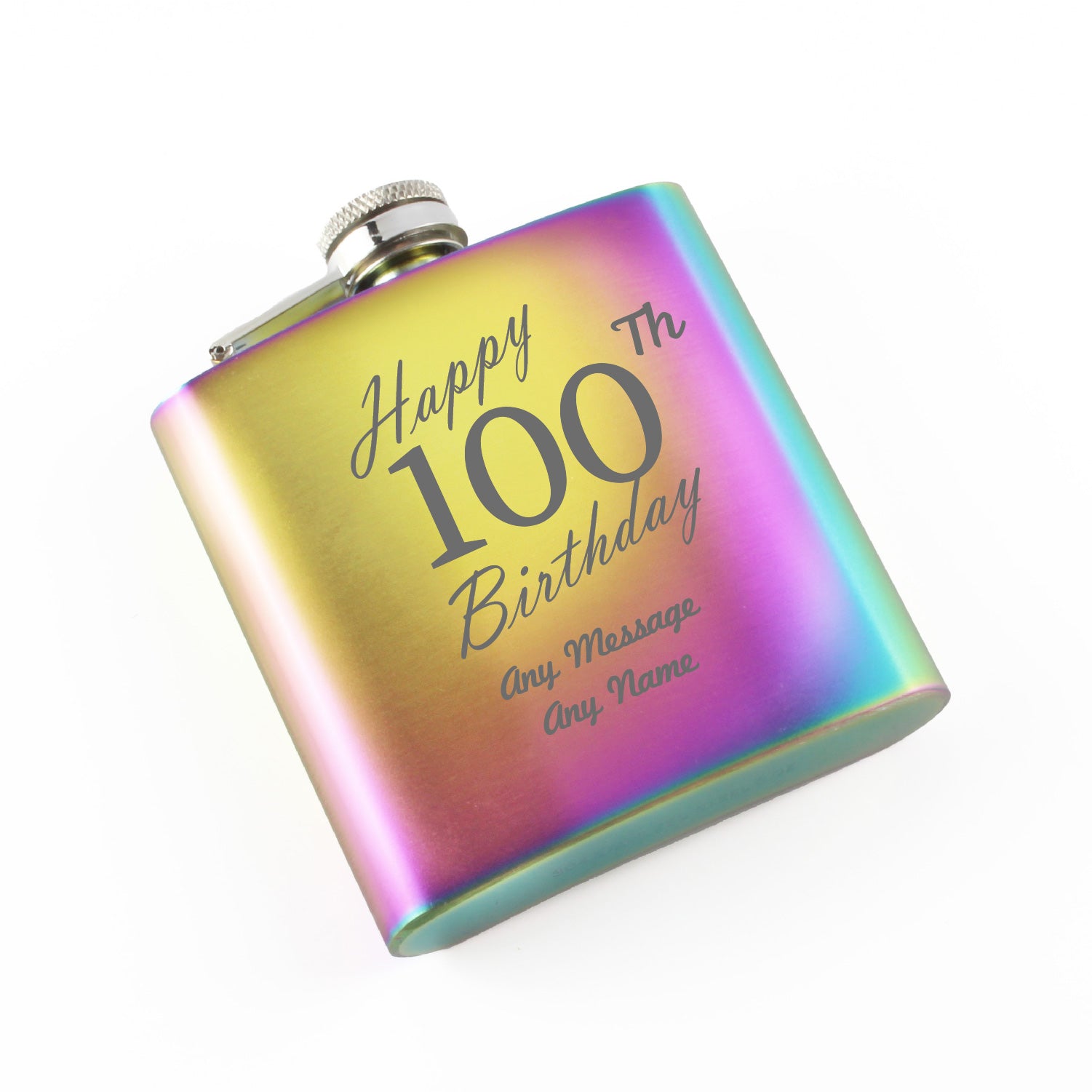 Engraved 6oz Rainbow Steel Hip Flask Happy 100th Birthday Image 1