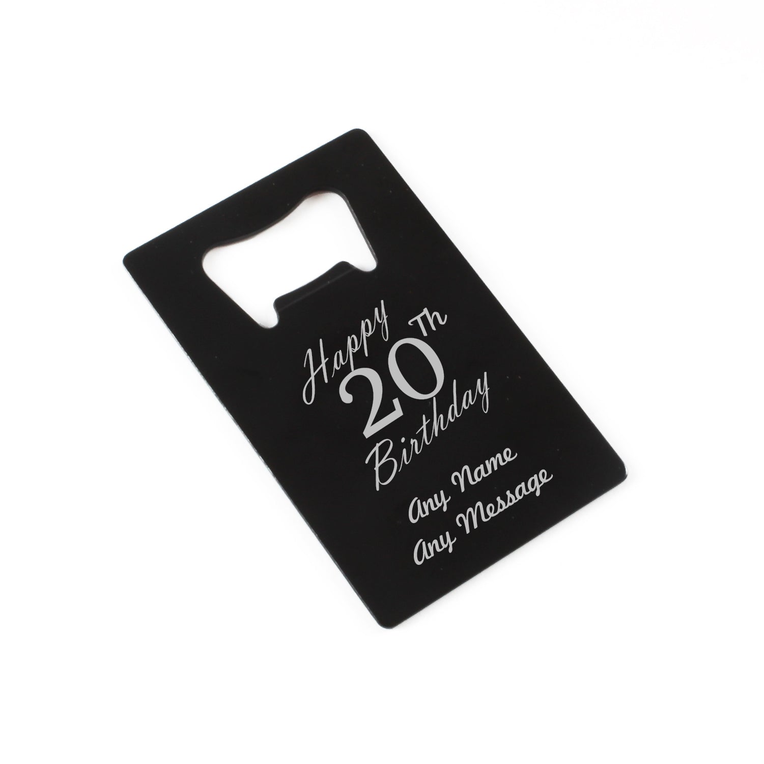 Engraved Portable Wallet Card Bottle Opener Black Happy 20th Birthday Image 1