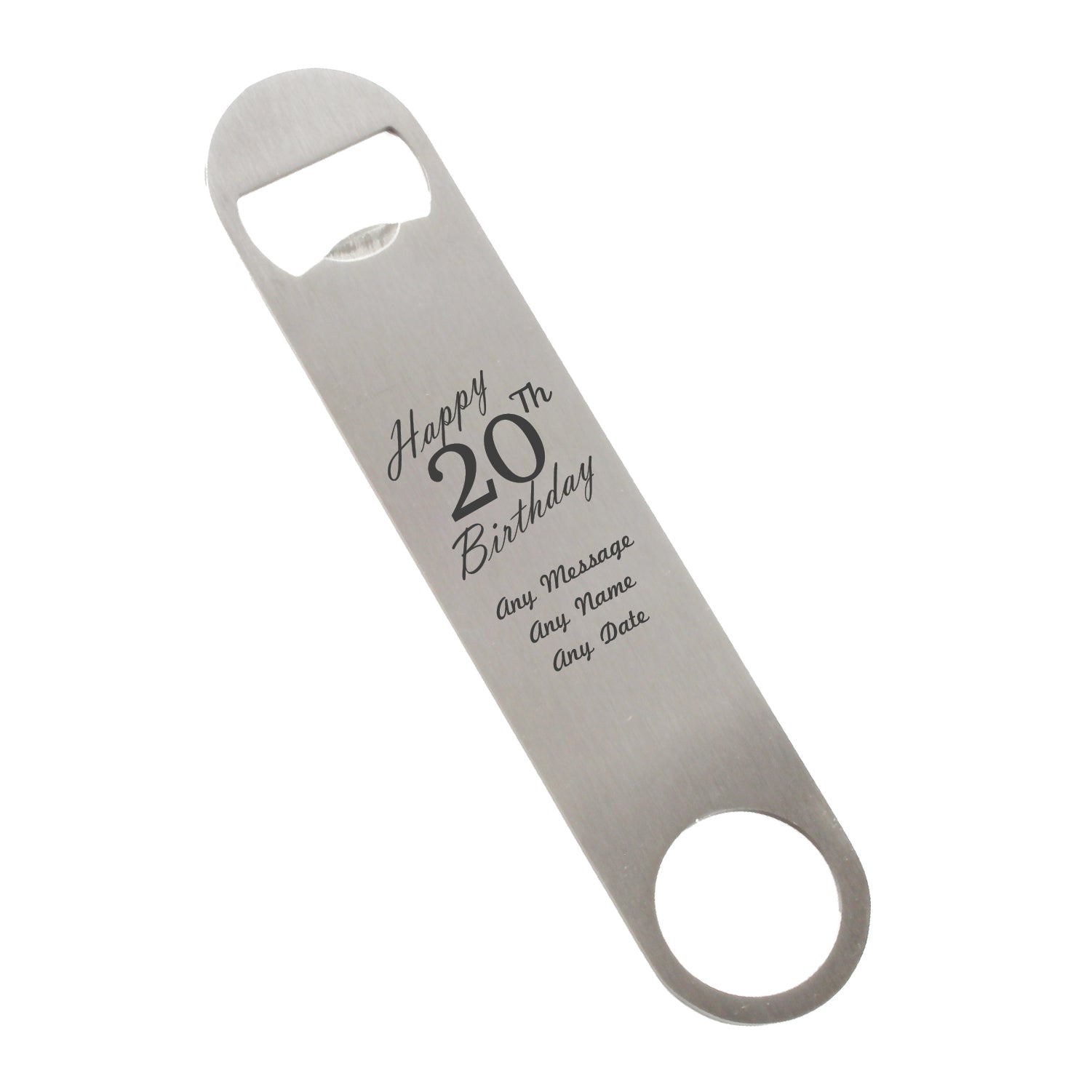 Engraved Large Steel Bar Blade Bottle Opener Happy 20th Birthday Image 1