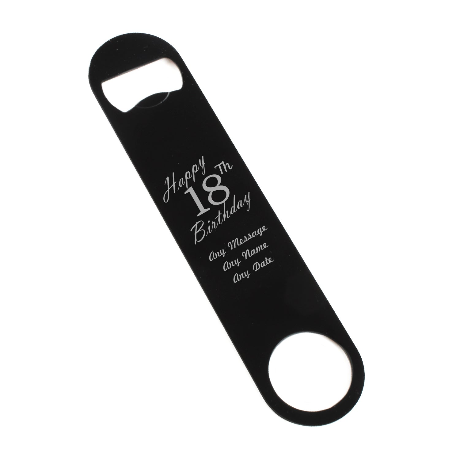 Engraved Large Black Steel Bar Blade Bottle Opener Happy 18th Birthday Image 1