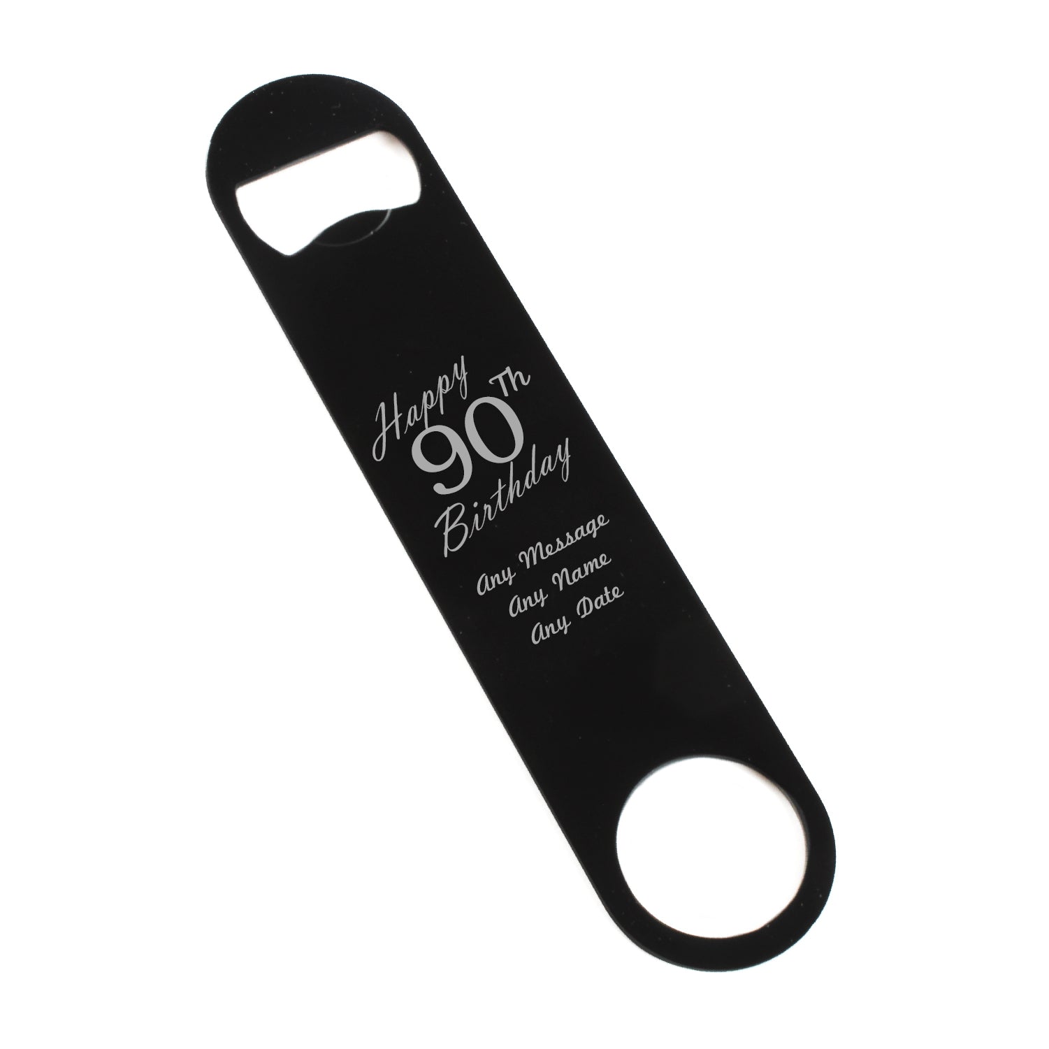 Engraved Large Black Steel Bar Blade Bottle Opener Happy 90th Birthday Image 1