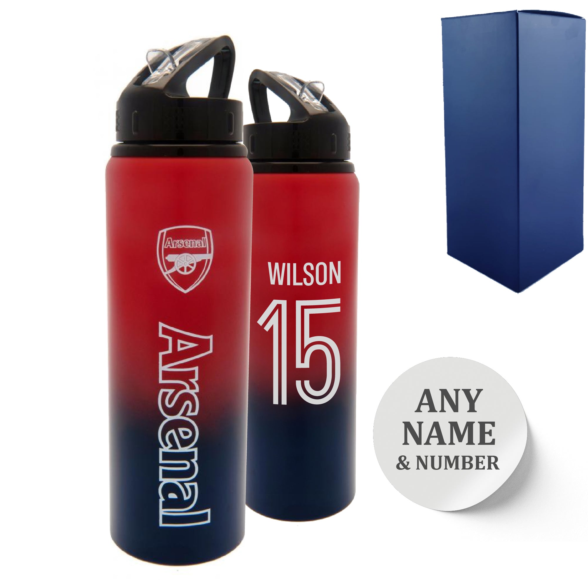 Official Printed Metal Arsenal Bottle, Personalise Any Number, Gift Boxed Image 1