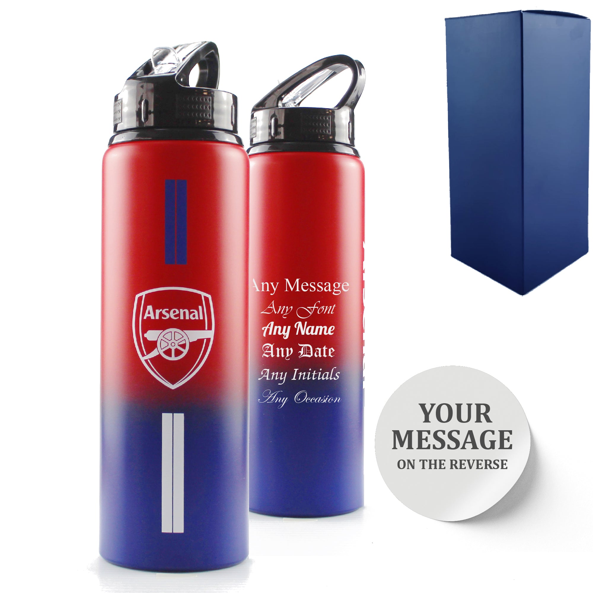 Official Printed Metal Arsenal Bottle, Personalise Any Message, Gift Boxed, Striped Design Image 1