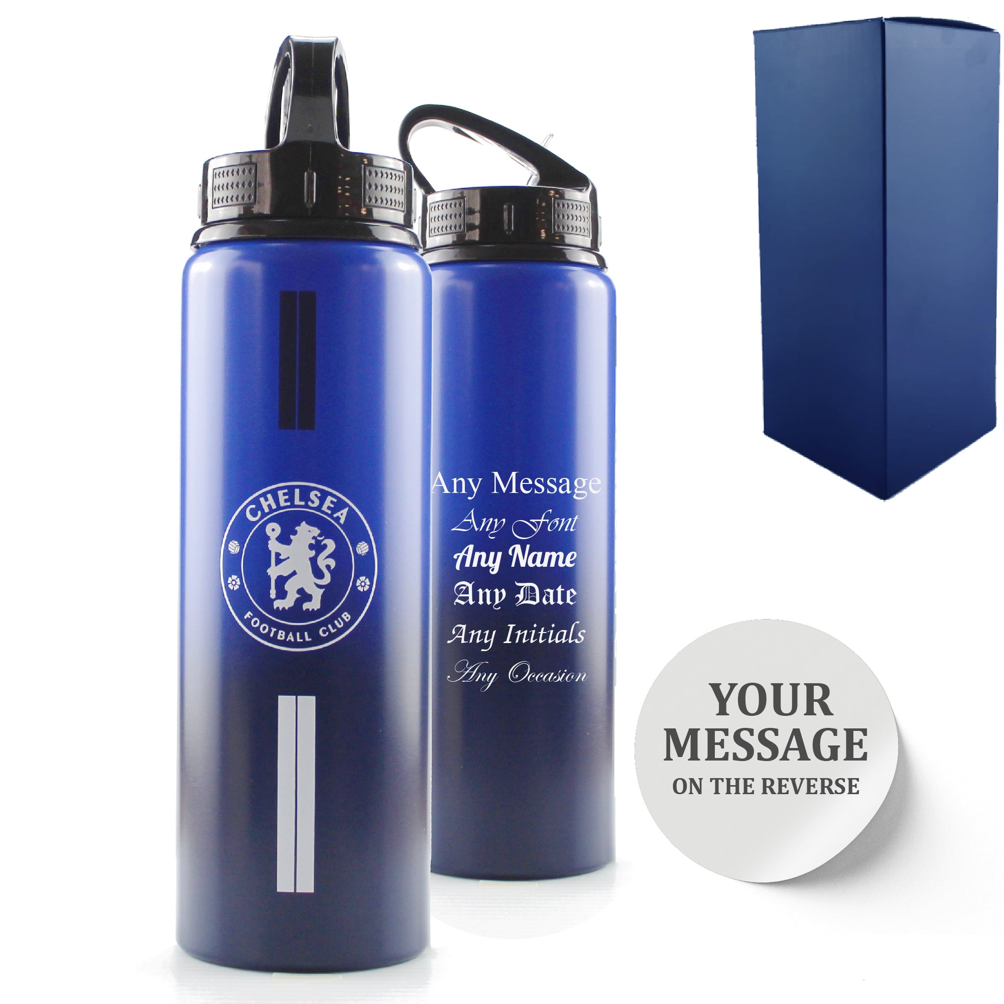 Official Printed Metal Chelsea Bottle, Personalise Any Message, Gift Boxed, Striped Design Image 1