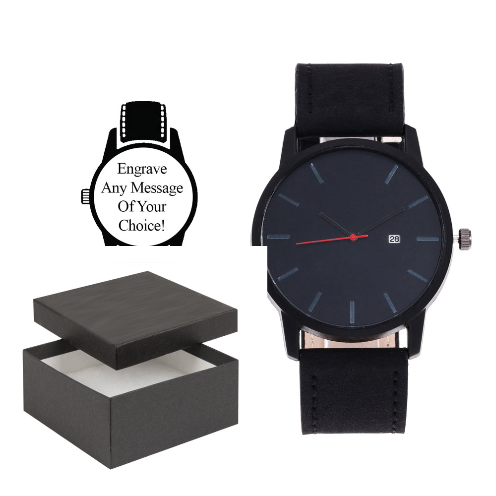 Personalised Engraved Watch Sophisticated Large Black Face with Date and Black Strap Image 1