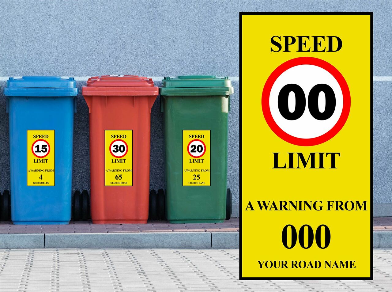 3x Personalised Speed Warning House Number Wheelie Bin Sticker Personalise Your Own Image 2